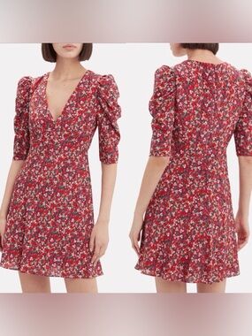 Perfect Saloni silk floral puff sleeve fit flare dress 6